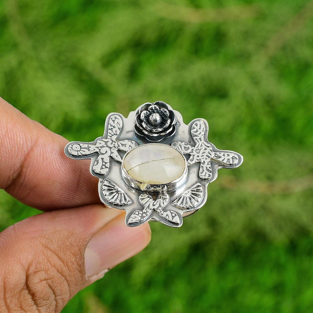 925 Silver Natural Rainbow Moonstone Multi Stone Flower Adjustable Ring