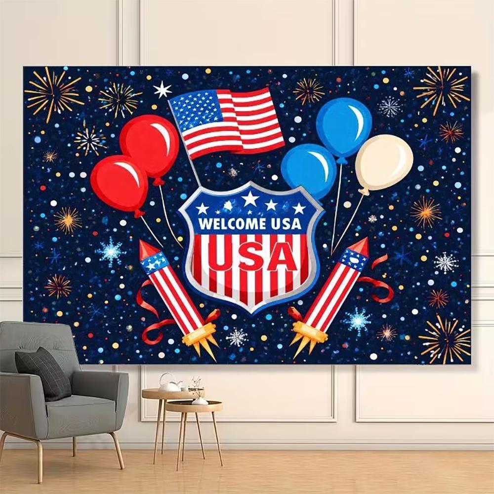 American flag photographic backdrop, red, white and blue stripes, vintage truck, party decoration, banner2888