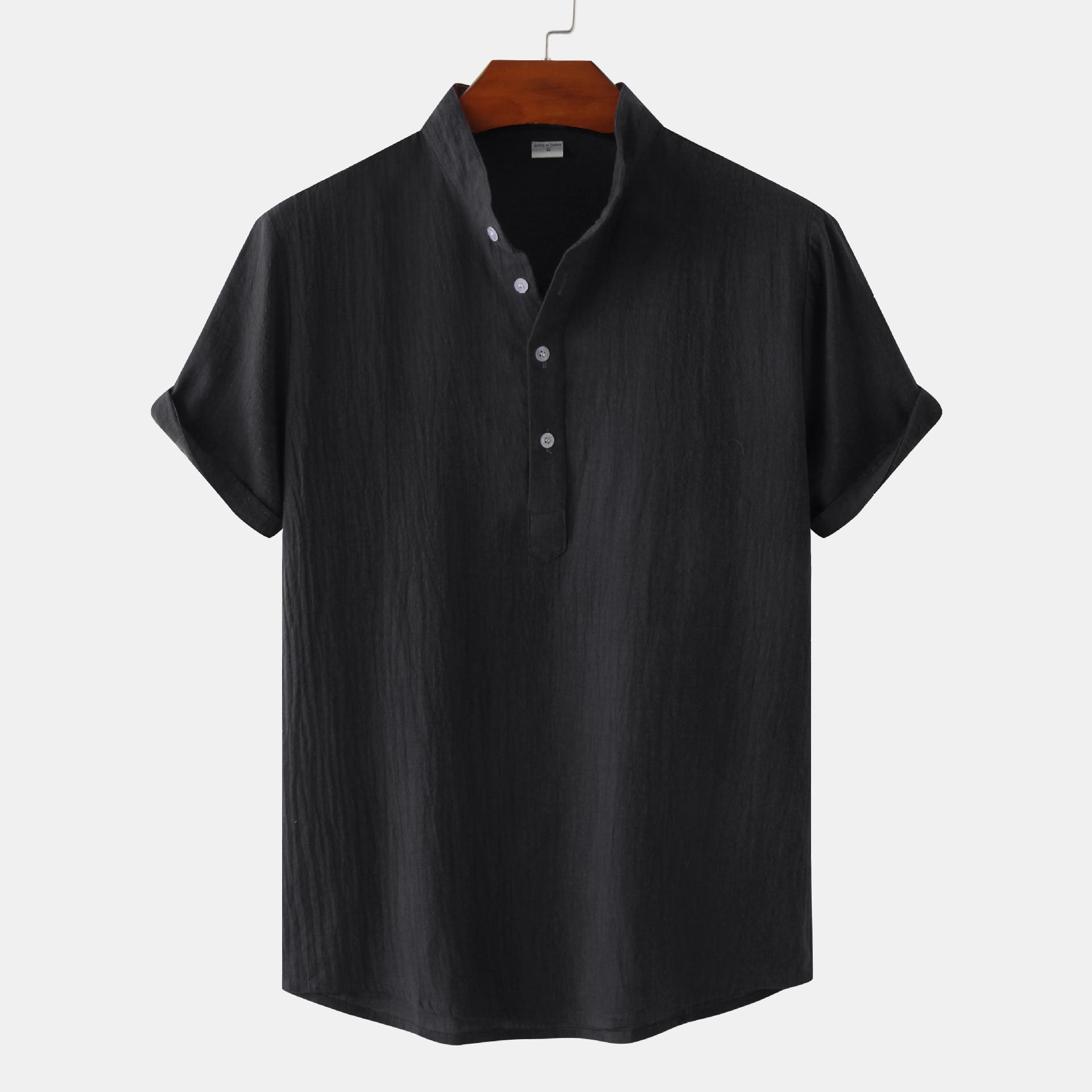 Men s Summer Cotton Linen Stand Collar Short Sleeve Beach Shirt S чёрный