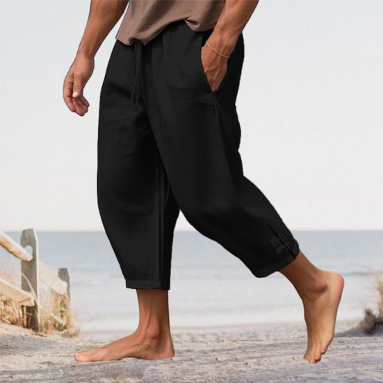 Men Cropped Pants Drawstring Elastic Waist Solid Color Loose Pockets Split Deep Crotch Soft Breathable Summer Vacation Beach Trousers