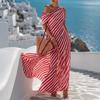 Women's Off Shoulder Sleeveless Maxi Dress Loose Fit High Waist Elegant Striped Casual Dress