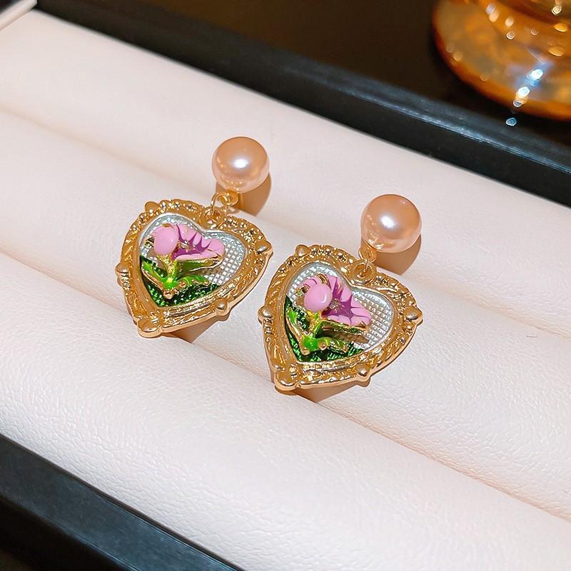 Monet garden oil painting style flower pearl earrings light luxury stud earrings French sweet small fresh earrings women