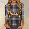 Women's Casual Plaid Three Quarter Sleeve Shirt Oktoberfest Print Round Neck Top Lightweight Soft Fabric Comfortable Fit