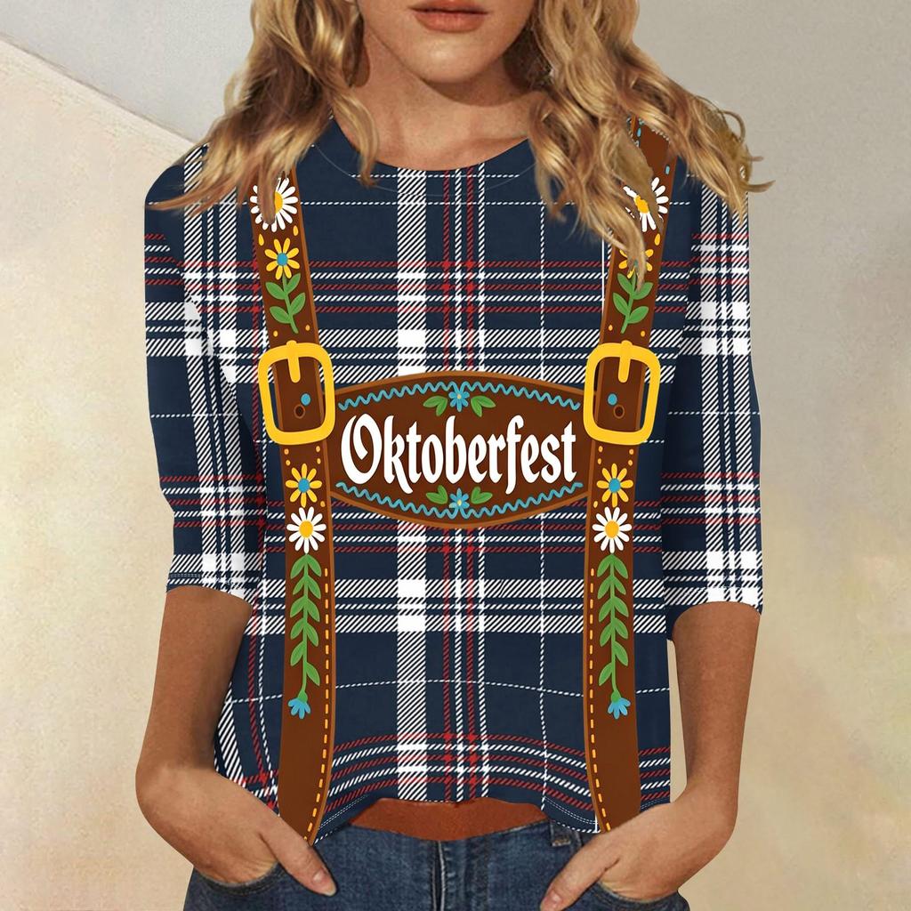 Women's Casual Plaid Three Quarter Sleeve Shirt Oktoberfest Print Round Neck Top Lightweight Soft Fabric Comfortable Fit