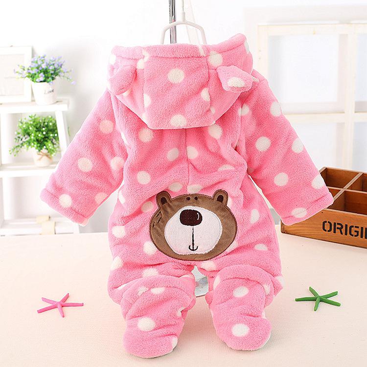 Polka Dot Bear Footed Baby Romper - Coral Fleece Crawling Suit for Autumn and Winter