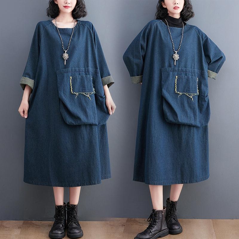 Dimanaf 2023 Women Plus Size Summer Dress Solid Fashion Casual Denim Basic Long Dress Cotton Vintage Loose Blue Clothing
