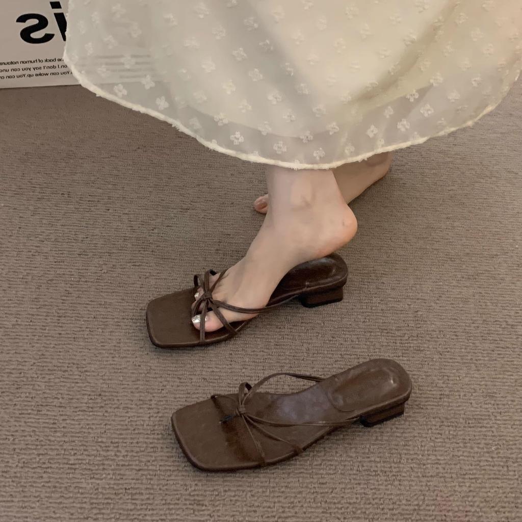 Thick heel gold thin strap premium cool slippers fairy shoes wear holiday sandals