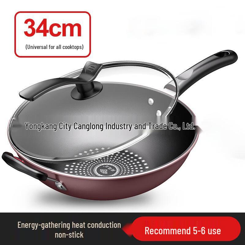 WuTuo 34 см Чугунная Вок Сковорода с Антипригарным Покрытием и Крышкой