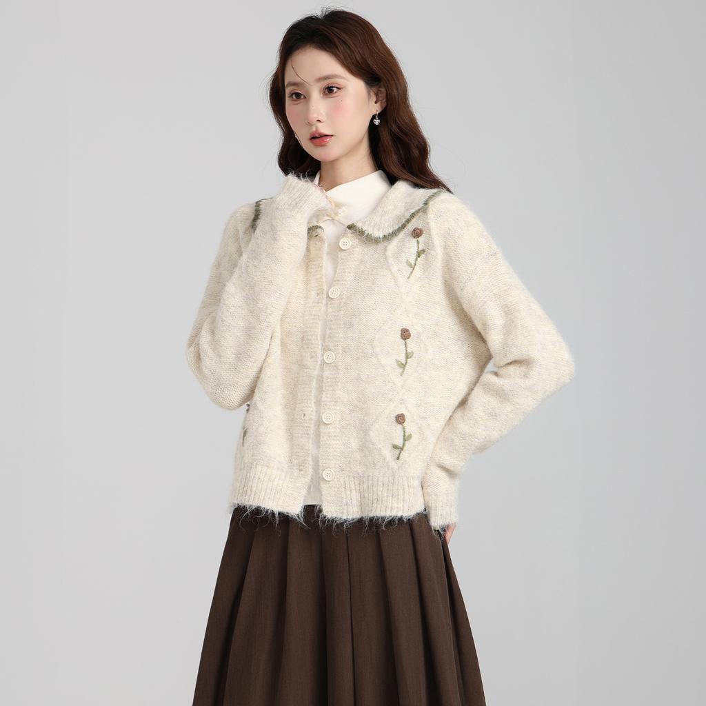 Lazy doll collar embroidered flower knitted sweater long sleeve thickened bottom with autumn and winter cardigan jacket top women