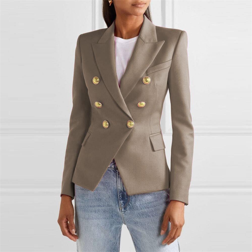 Women's Lapel Double Breasted Blazer Solid Color Long Sleeve Slim Fit Formal Business Short Suit Jacket