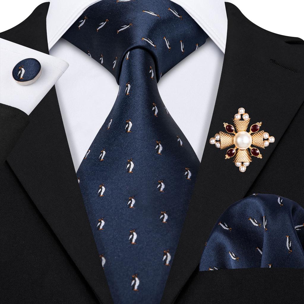 Pearl Brooch with Silk Tie for Men Vintage Floral Teal Necktie Hanky Cufflinks Gift Formal Set