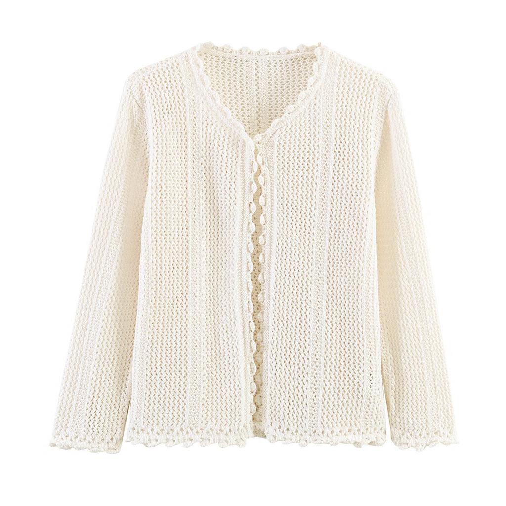 Women Long Sleeve Crew Neck Hollow Knit Cardigan