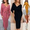 Elegant Women Winter Deep V-neck Knitted Sweater Dress With Cozy Long Sleeves
