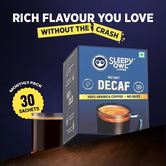 Sleepy Owl Decaf Coffee Sachets | 100% Arabica | Instant Coffee | Decaffeinated Coffee Sachet | Smooth Taste  | 45g (30 Sachets x 1.5g)