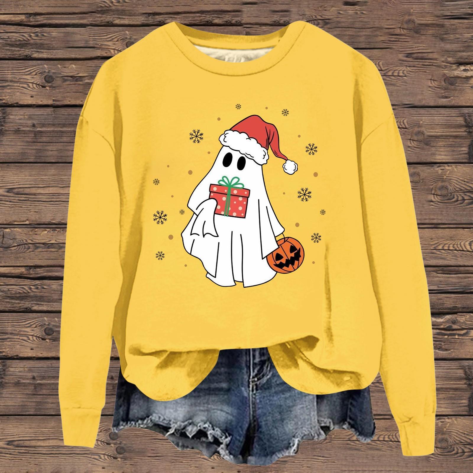 

Женская модная повседневная толстовка с длинными рукавами и рождественским принтом с круглым вырезом M жёлтый