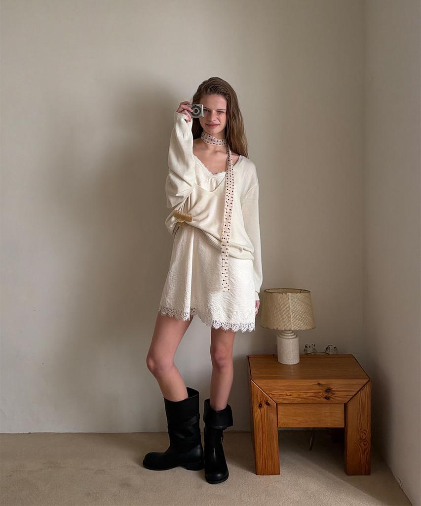 Eopaeleolakaibeu Aloha Lace Satin Mini Dress - Cream