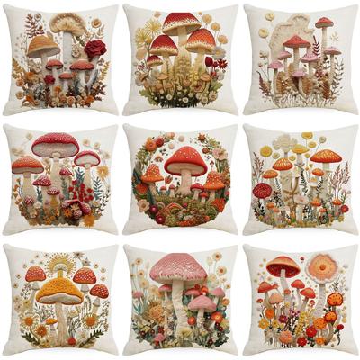 Nova Fronha Estampada Cogumelo 3D Visual Bordado Imitação Decoração Casa Sofá Fronha Linho Quarto