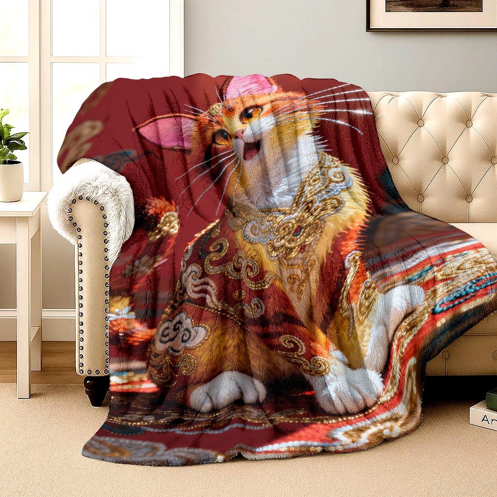 Feng Shui Fortune Cat Theme Flannel Printed Blanket Suitable for All Seasons Suitable for Living Room Office Sofa and Travel