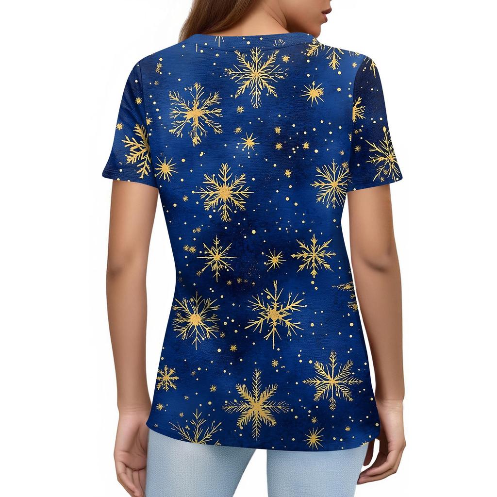 Women's Fashionable Casual Short Sleeve Christmas Print Round Neck Pullover Top