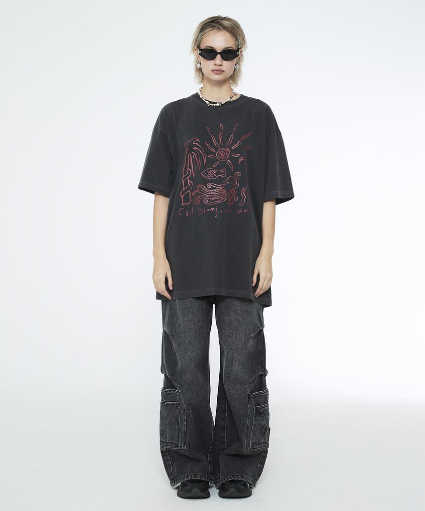 Sseleupe Multi-Pocket Carpenter Wide Denim Pants Charcoal