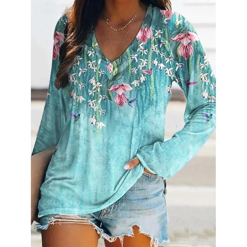Spring and Autumn V-neck Flower Pattern 3D Printed Top Fashionable Casual Long Sleeved Women's T-shirts