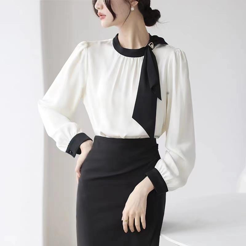 

Женские блузки, рубашки, весна 2025, женская блузка с длинным рукавом, рубашка с круглым вырезом, черная шифоновая блузка, рубашка, женские топы J856 XL серый