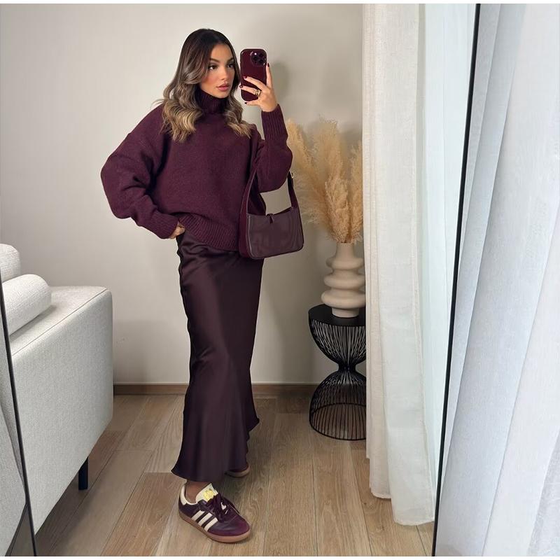 Casual Turtleneck Pullover Women Autumn Winter Dark Red Loose Sweater Female Full Sleeves Solid Color Knitwear Lady All-match Pullovers