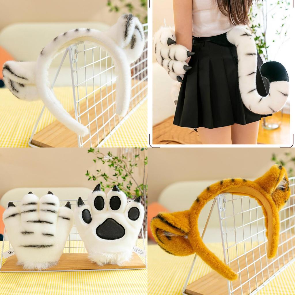 Urocza pluszowa opaska na głowę z łapą i ogonem tygrysa, idealna na występy sceniczne i prezenty z zoo