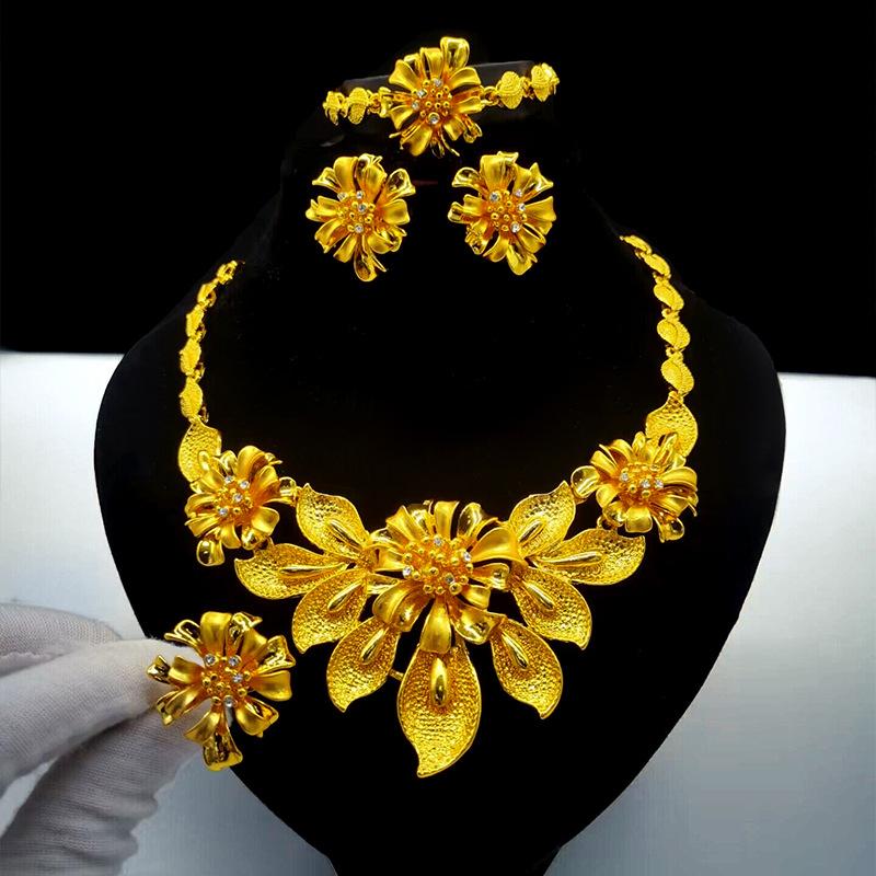 Dubai Jewelry 24k Gold Plated Bridal Jewelry Set Necklace Earrings Middle East Dubai Gold Wedding Jewelry Four-piece Set 2026 45CM