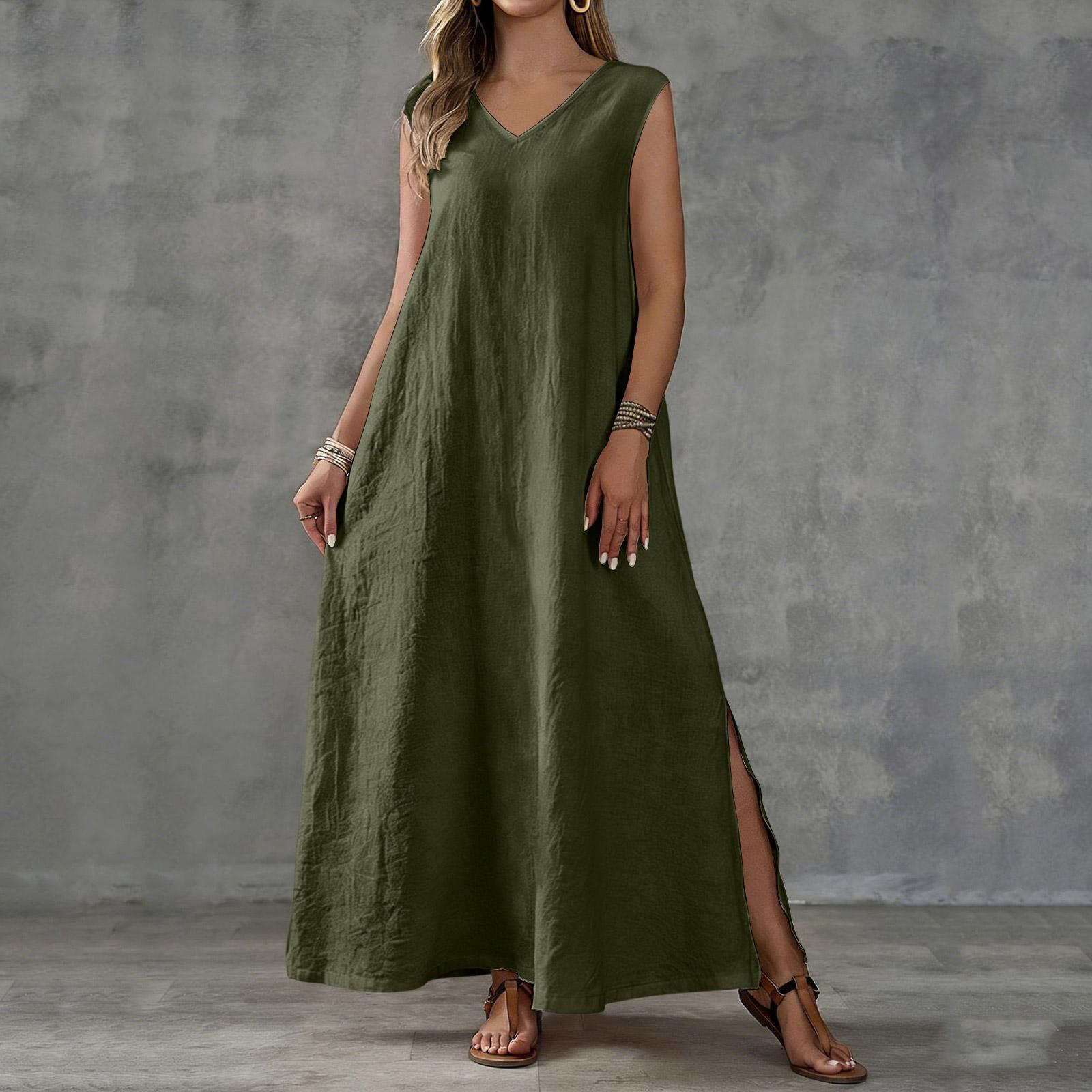 

Women’s Fashionable Casual Plain Sleeveless V-neck Tank Top With Slit And Loose Fit Dress L армия зеленый