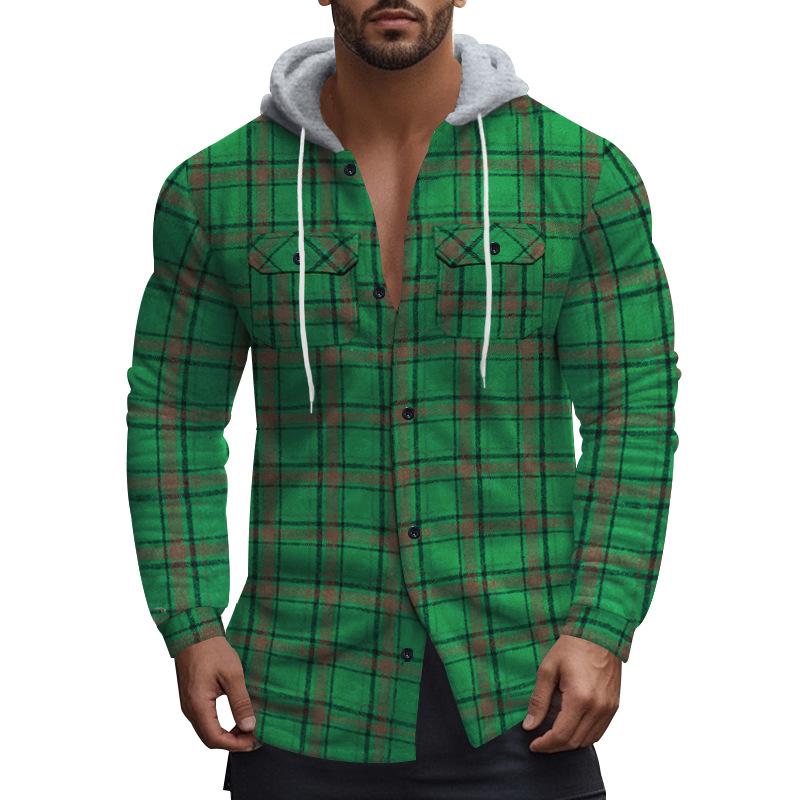 Spring new popular loose casual flannel jacquard long-sleeved hooded plaid shirt