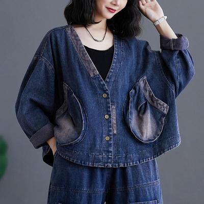 DIMANAF 2024 Spring Coat Denim V-Neck Short Casual Long Sleeve Jacket Women Loose Blue Patchwork Design Vintage Tops