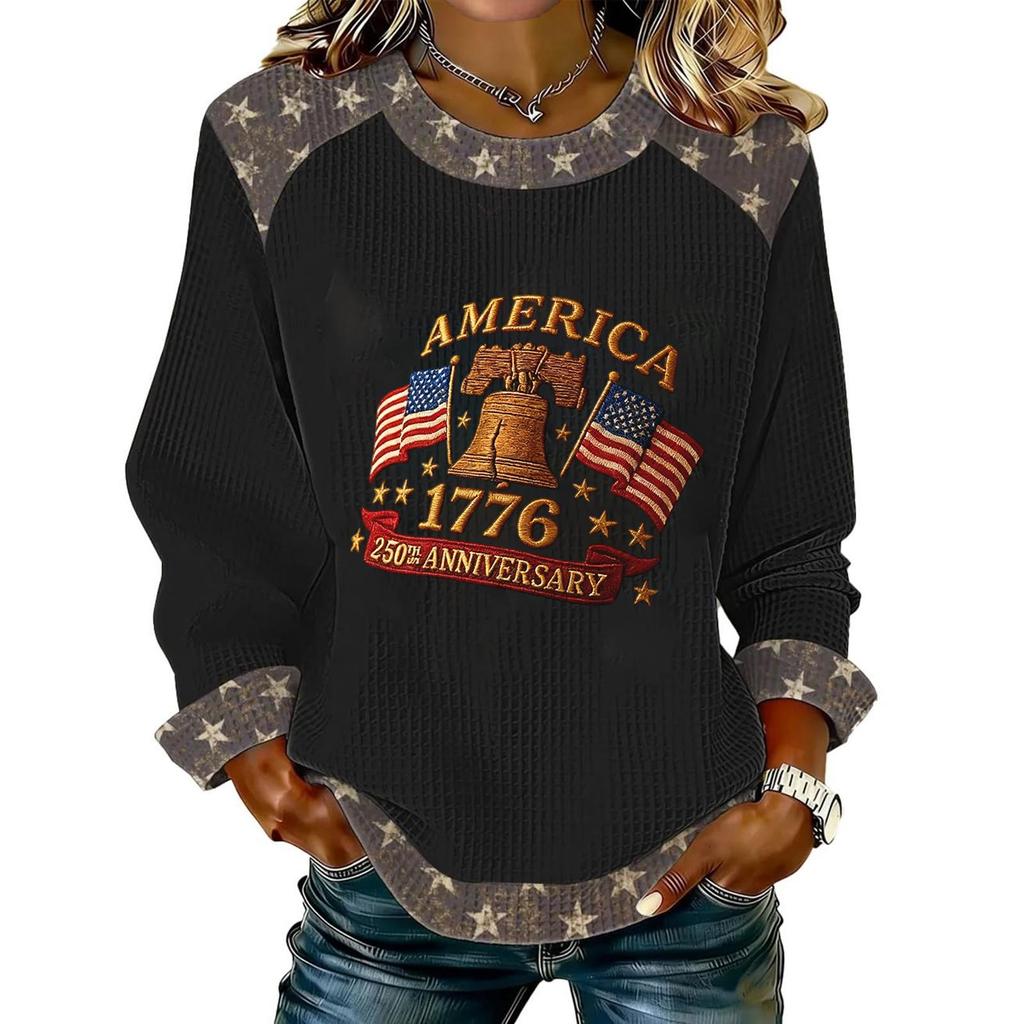 Women's long-sleeved fashionable casual everyday Independence Day printed top