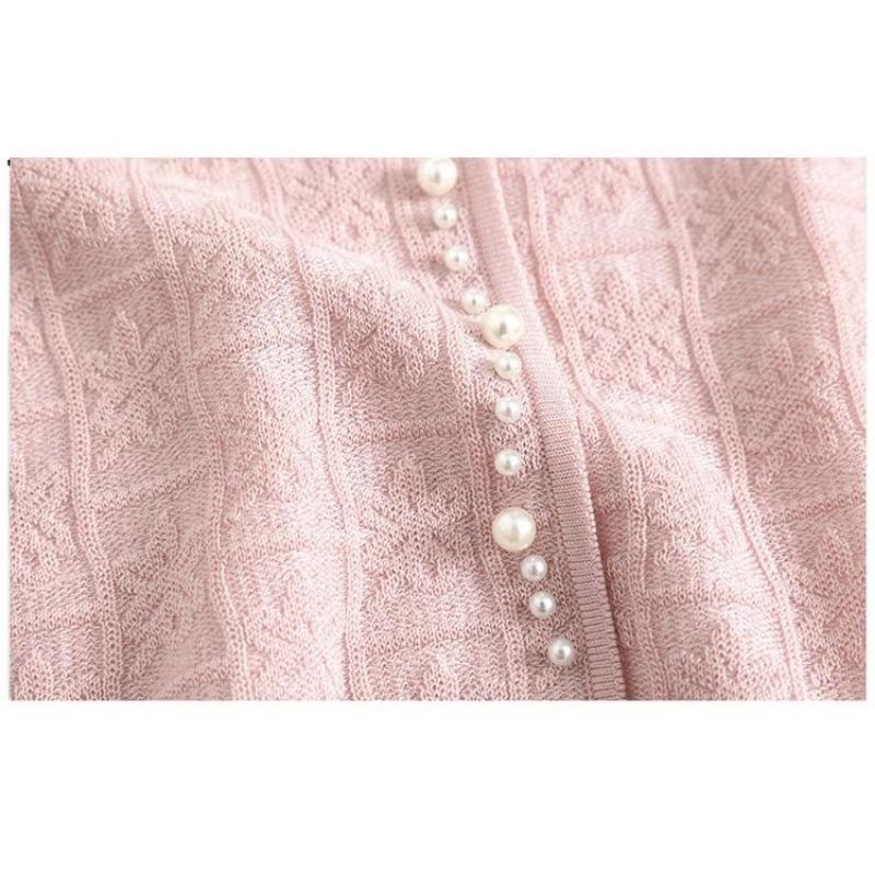 Women Light Blue V Neck Short Sleeve Knit Cardigan With Lace Openwork And Pearl Buttons