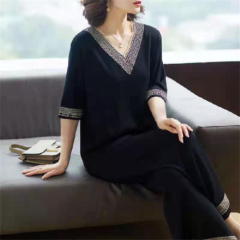 Women 2 Piece Set V Neck Half Sleeve Blouse Wide Leg Pants Plus Size Casual Loungewear Suit