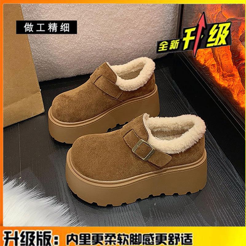 Small Muffin Thick-soled Women's Leather Women's Shoes Autumn and Winter New Velvet Heightening One-pedal Loafer Cotton Shoes