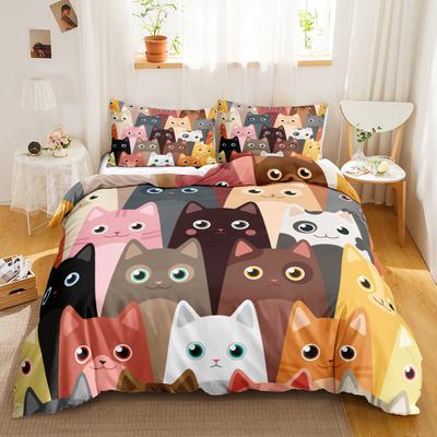 Juego de Funda Nórdica para Gato Digital Color Diferente Dibujos Animados Lindo Juego de Ropa de Cama para Gato Ropa de Cama Tamaño Completo Queen King Poliéster Funda de Edredón