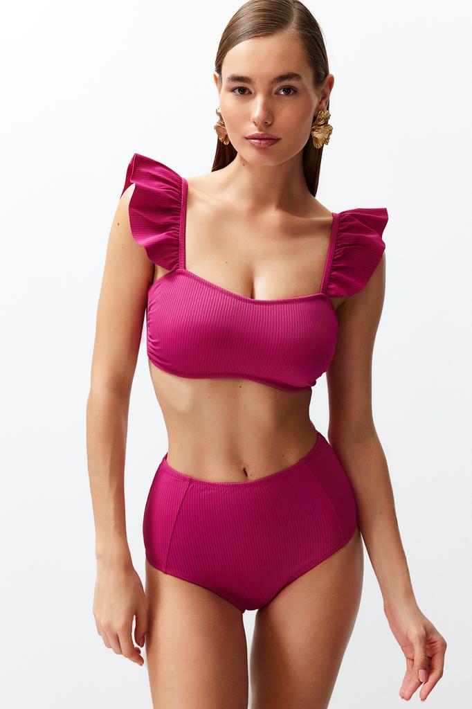 Women's New Season Bikini Set Orange Bralette Frilly Textured High Waist Hipster Bikini Set