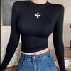 2025 Autumn/Winter Retro Cross Long Sleeve Round Neck Cropped Slimming Women's T-shirt