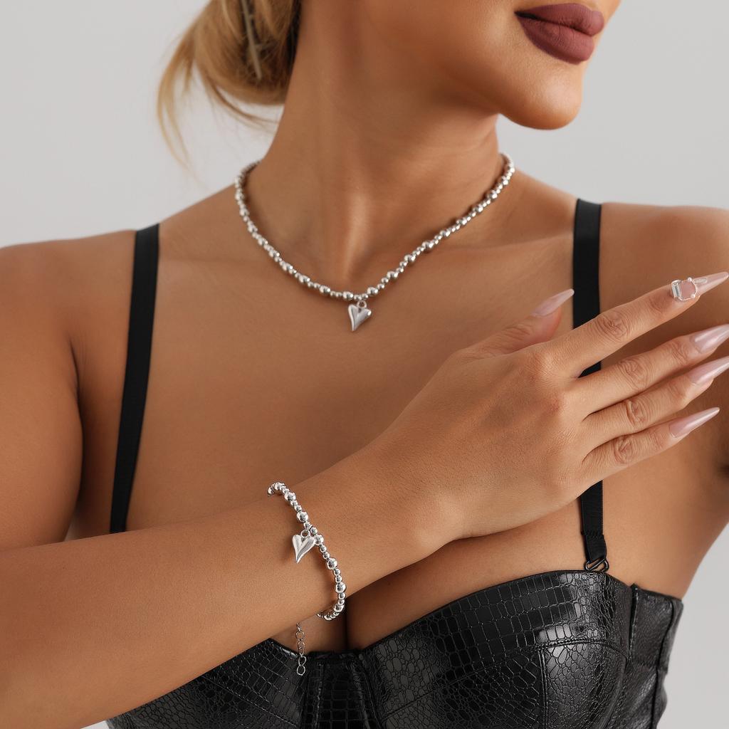 Unique Metal Beads Chain Heart Necklace Bracelet for Women Unisex copper Color Grunge Zircon Set Steampunk Fashion Zircon Set