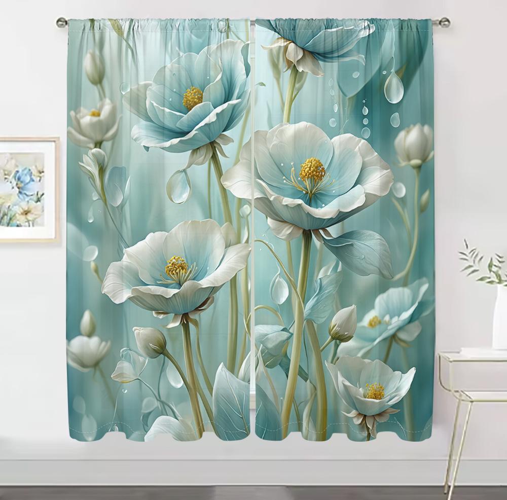 2Pcs Teal Floral Curtains 3D Poppy Water Drop Pattern Living Room Bedroom Balcony Sunshade Fresh Natural Decor Curtains