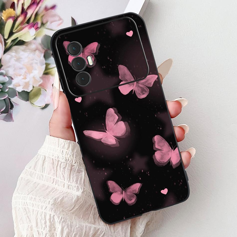 For Tecno Spark 8 Pro 8T 8P Elegant Floral Cat Phone Case For Tecno Spark8 8T 8P 8Pro Black Silicone Soft TPU Cases Bumpers