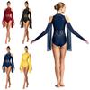Womens Lyrical Dance Leotard Cold Shoulder Long Sleeves Sheer Mesh Waist One Piece Bodysuit Dancewear