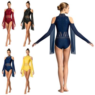Maillot Lyrical para Mujer Hombros Descubiertos Mangas Largas Malla Transparente en la Cintura Body de una Pieza Ropa de Baile