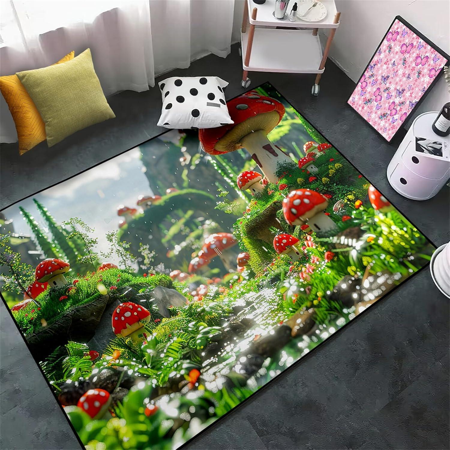 Enchanting Mushroom Forest Living Room Carpet Fairytale Style Home Decor Mushroom Pattern Area Rug Soft Non-Slip Floor Mat 40x60cm