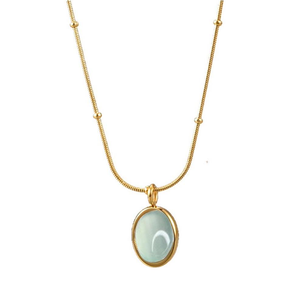 

Fashion Elegant Stainless Steel Opal Oval Necklace for Women Gold Color Green Stone Pendant Necklace Girl Wedding Jewelry Gift 45cm