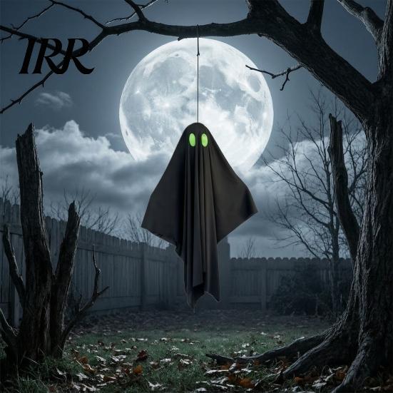 Outdoor Hanging Ghost Halloween Decoration, Spooky Black Fabric with Green Party Supplies Eyes for Outside Tree, Porch, Yard, Lawn, Haunted