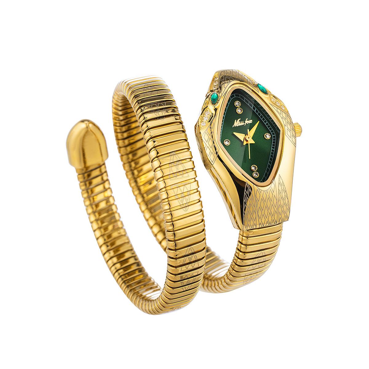 

MISSFOX-Женские уникальные художественные часы в форме змеи с инкрустацией бриллиантами, изысканные заводные часы в форме головы змеи, водонепроницаемые кварцевые часы золотой/зелёный