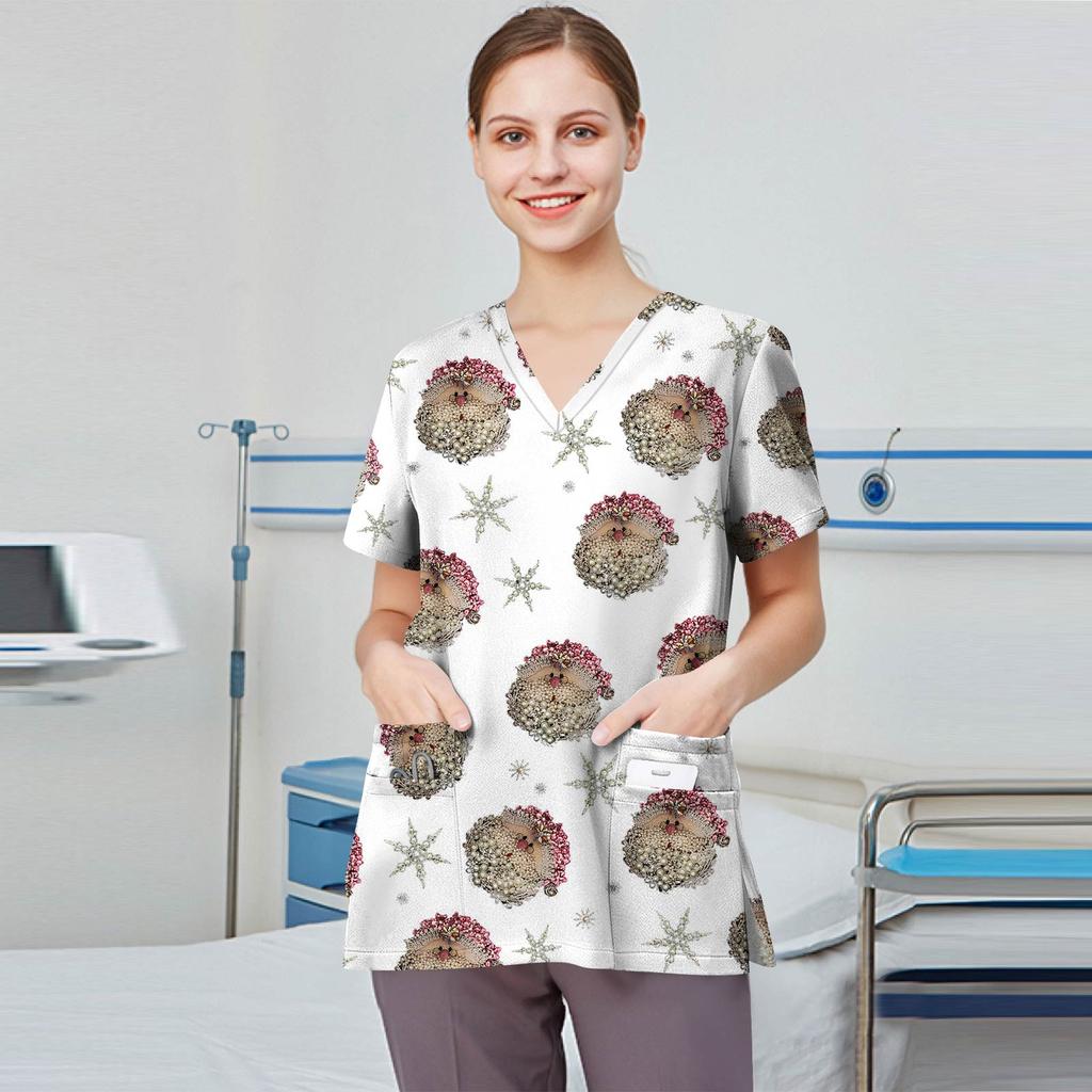 Women's Fashion Printed Short Sleeve V Neck Pattern Tops Pocket Working T-shirts