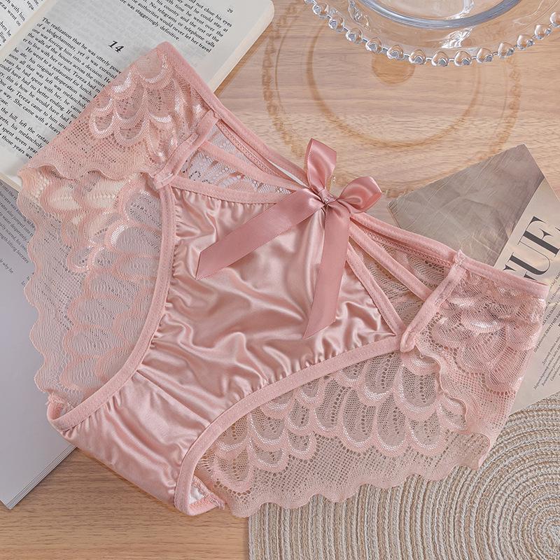 French High-Slit Satin Lace Bow Panties - Sexy, Breathable, Lightweight, Low-Waist Triangle Design